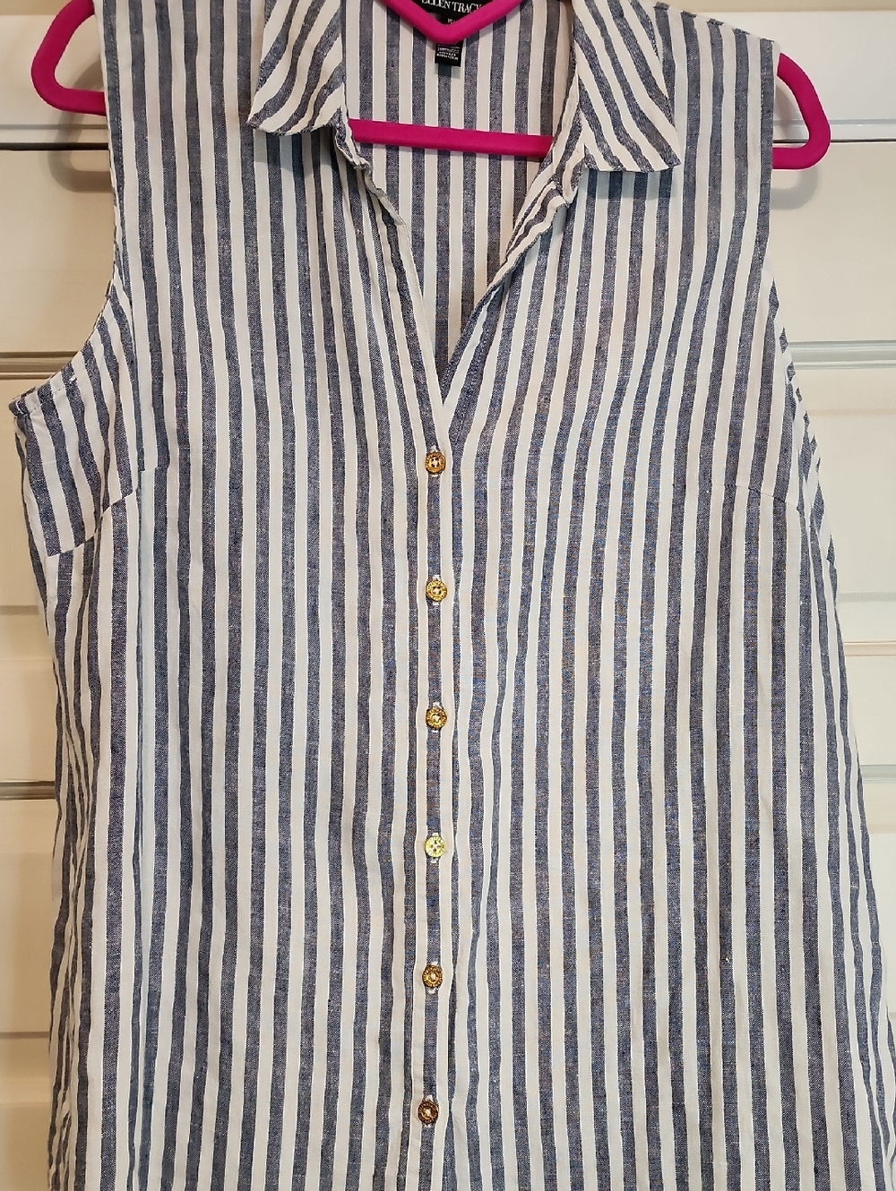 Ellen Tracy Linen 100% Blue White Striped Button Up Shirt Brass Colored Buttons